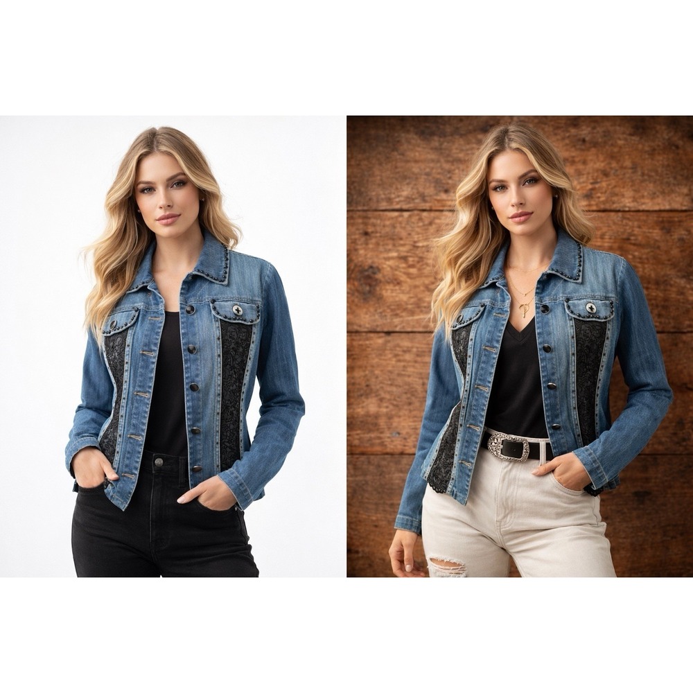 JUST B Blue Denim Western Jacket Studded Black Lace Panel Fitted Boho Y2K Sz L